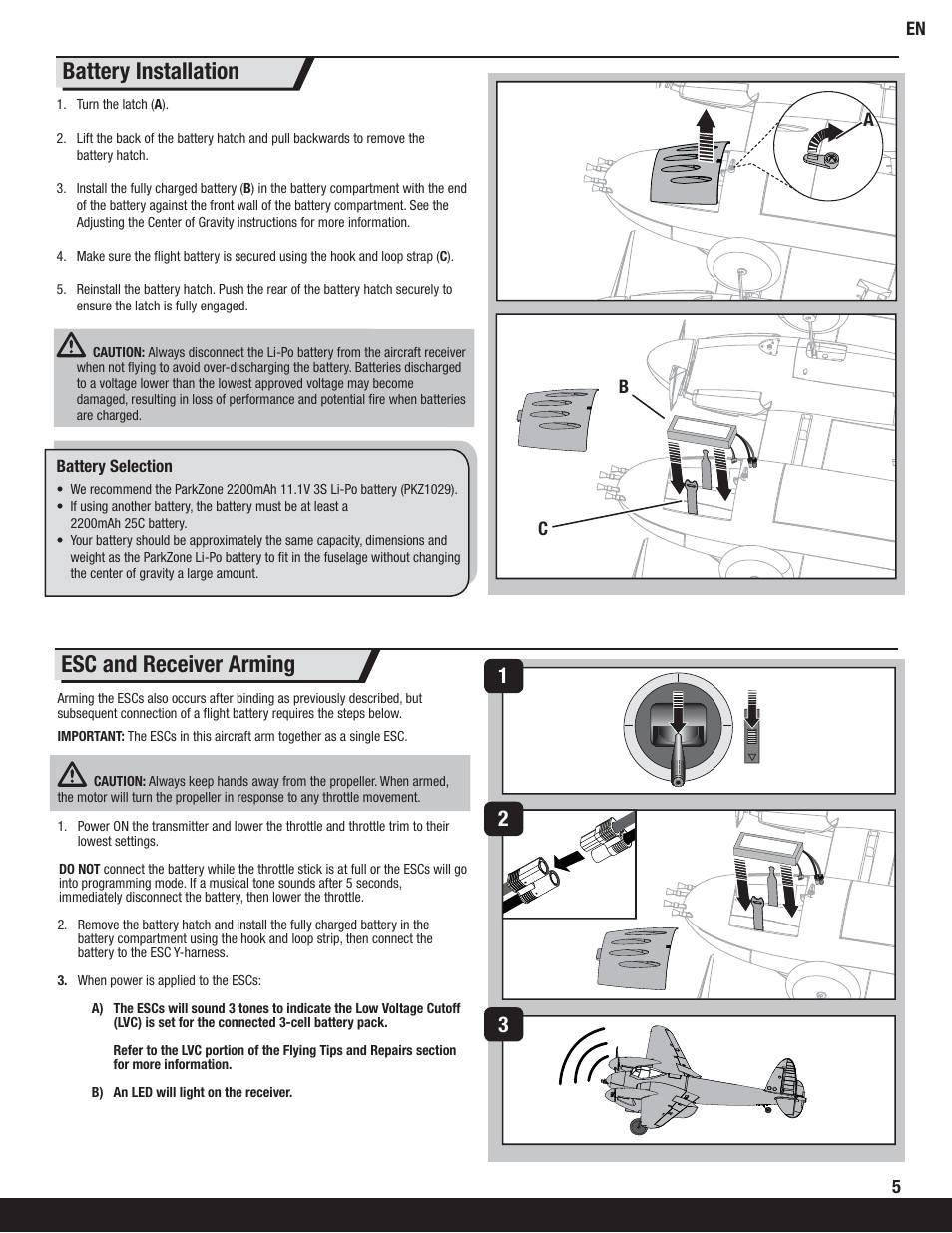 Battery installation, Esc and receiver arming | ParkZone PKZ6375 User Manual | Page 5 / 19