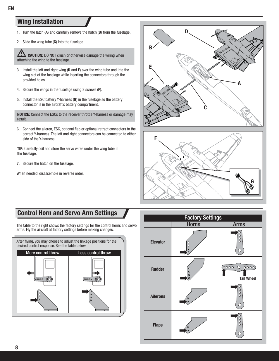 Control horn and servo arm settings, Wing installation, Factory settings horns arms | ParkZone PKZ6375 User Manual | Page 8 / 19