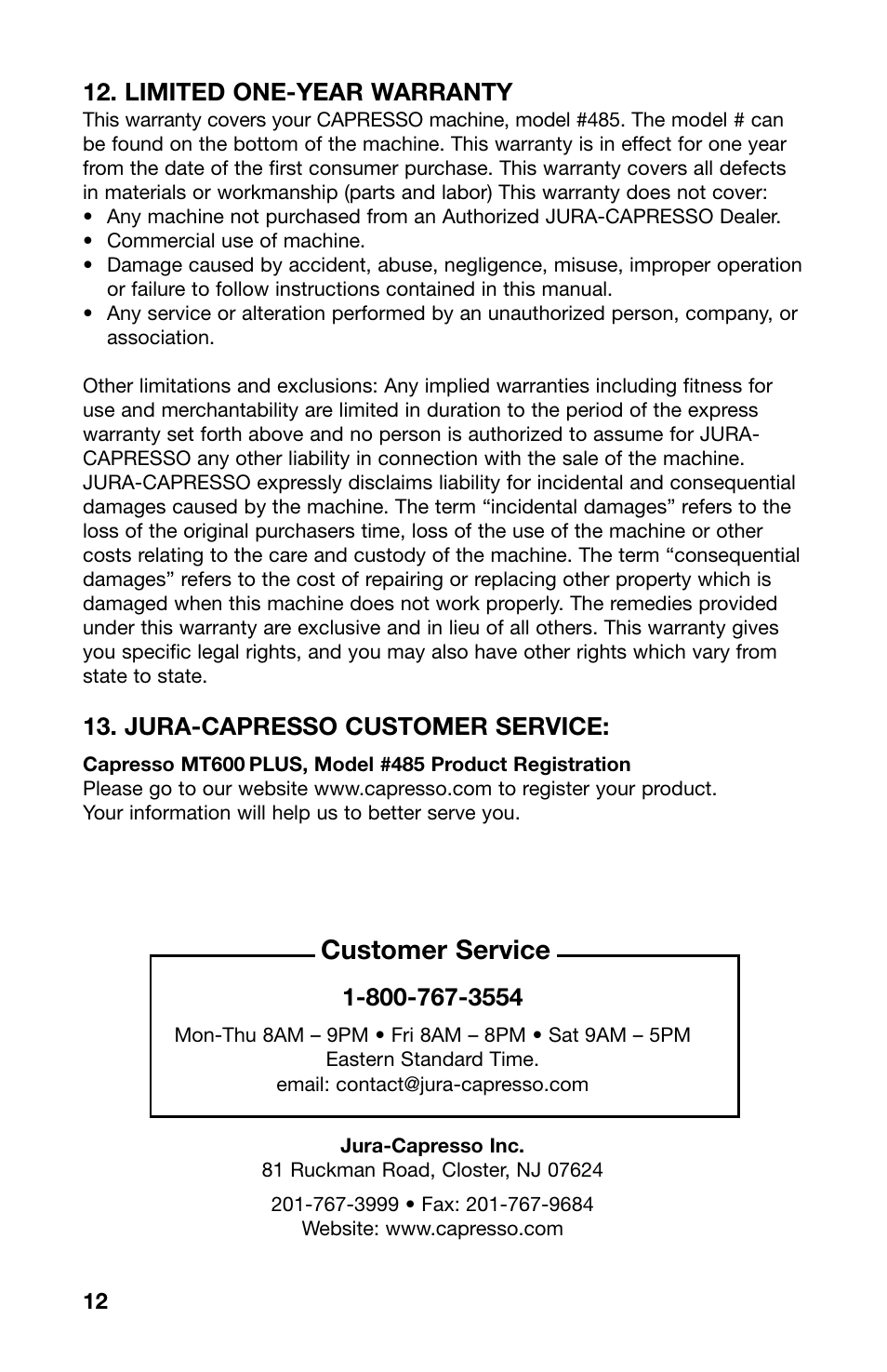 Customer service, Limited one-year warranty, Jura-capresso customer service | Capresso MT600 PLUS 485 User Manual | Page 12 / 12