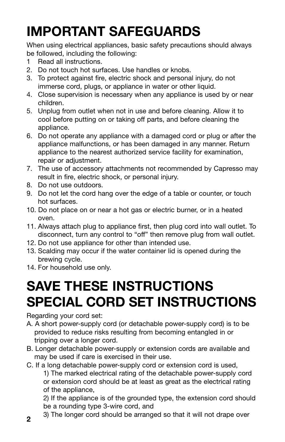 Important safeguards | Capresso MT600 PLUS 485 User Manual | Page 2 / 12