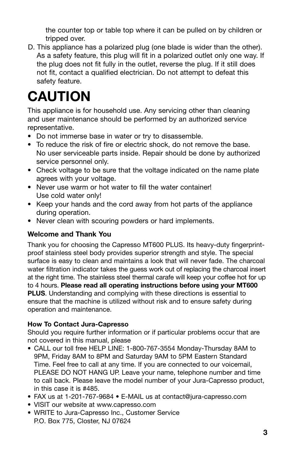 Caution | Capresso MT600 PLUS 485 User Manual | Page 3 / 12