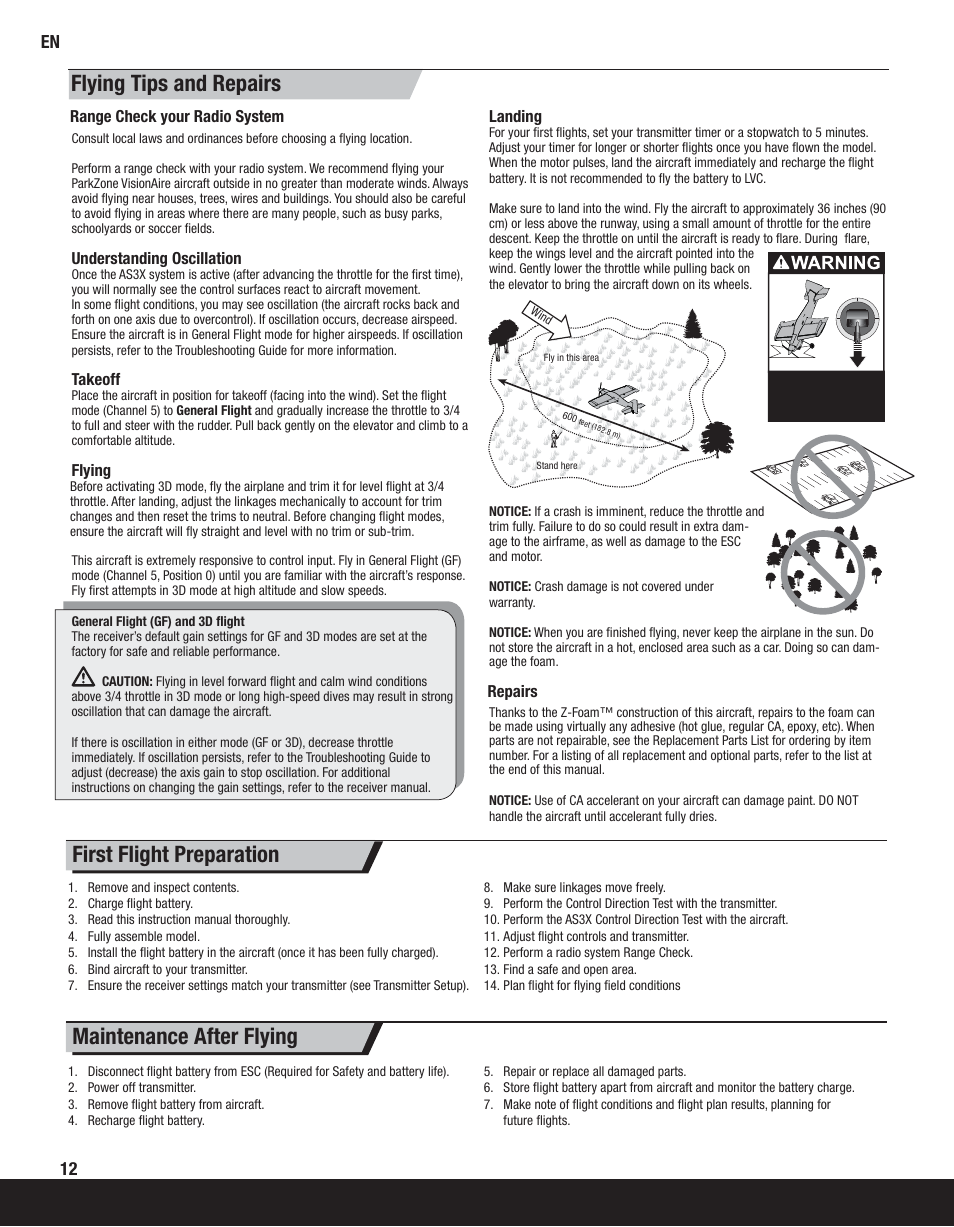 Flying tips and repairs, First flight preparation maintenance after flying | ParkZone PKZ6580 User Manual | Page 12 / 20