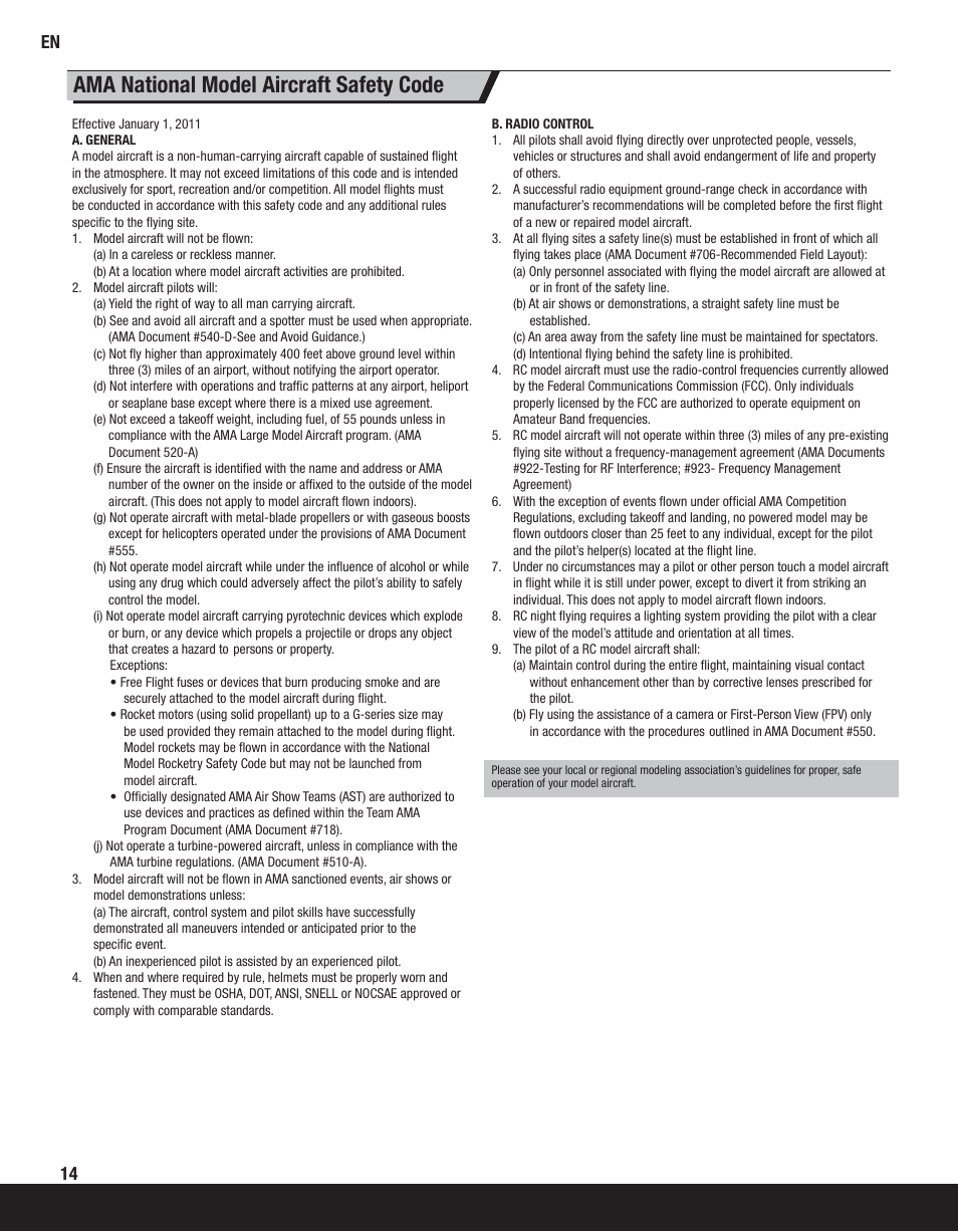 Ama national model aircraft safety code | ParkZone PKZ6580 User Manual | Page 14 / 20