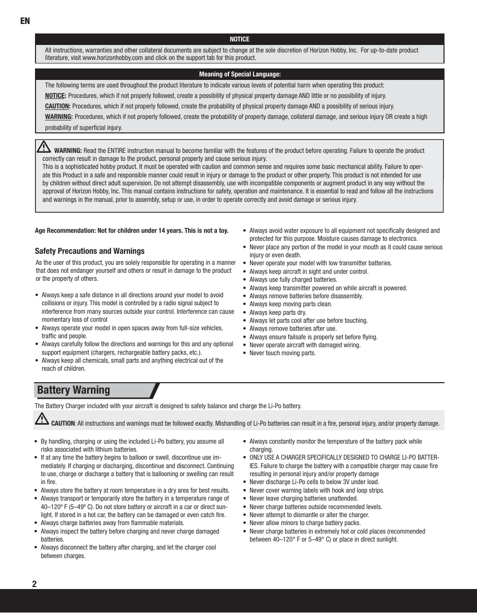 Battery warning | ParkZone PKZ6580 User Manual | Page 2 / 20