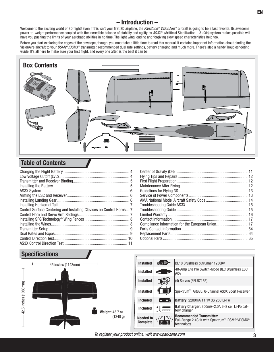 Introduction, Box contents table of contents speciﬁ cations | ParkZone PKZ6580 User Manual | Page 3 / 20