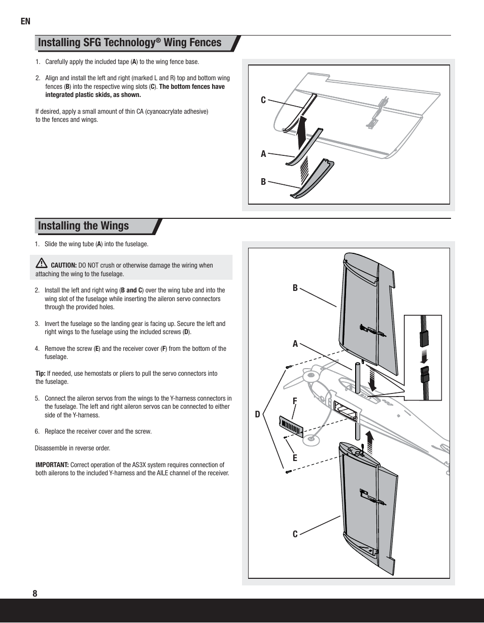 Installing the wings installing sfg technology, Wing fences | ParkZone PKZ6580 User Manual | Page 8 / 20