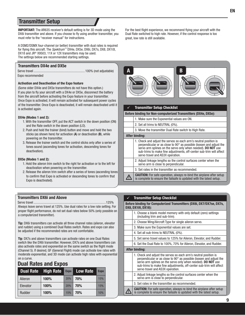 Transmitter setup, Dual rates and expos, Dual rate high rate | Low rate | ParkZone PKZ6580 User Manual | Page 9 / 20