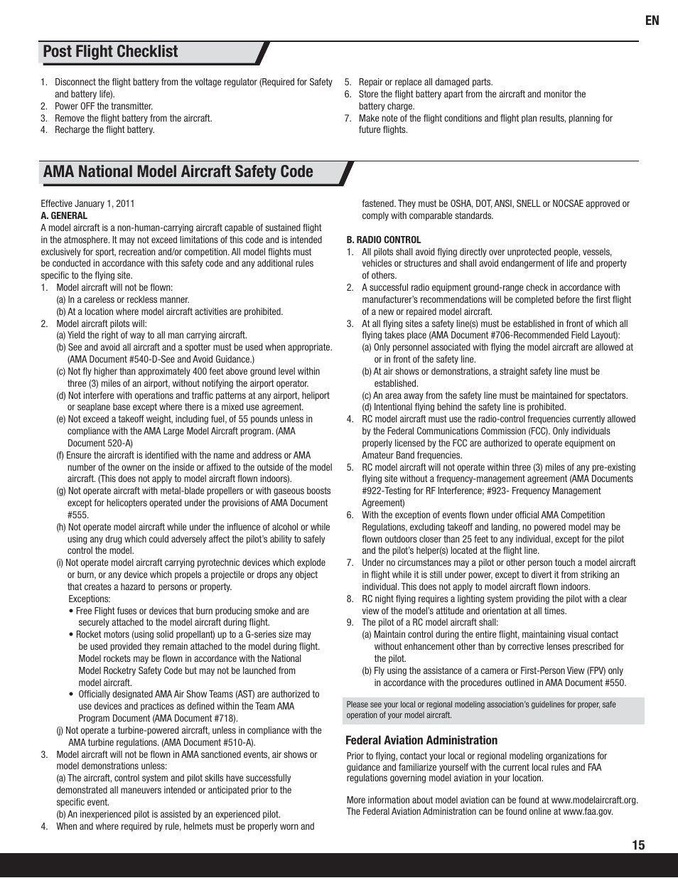 Ama national model aircraft safety code, Post flight checklist | ParkZone PKZ6680 User Manual | Page 15 / 20