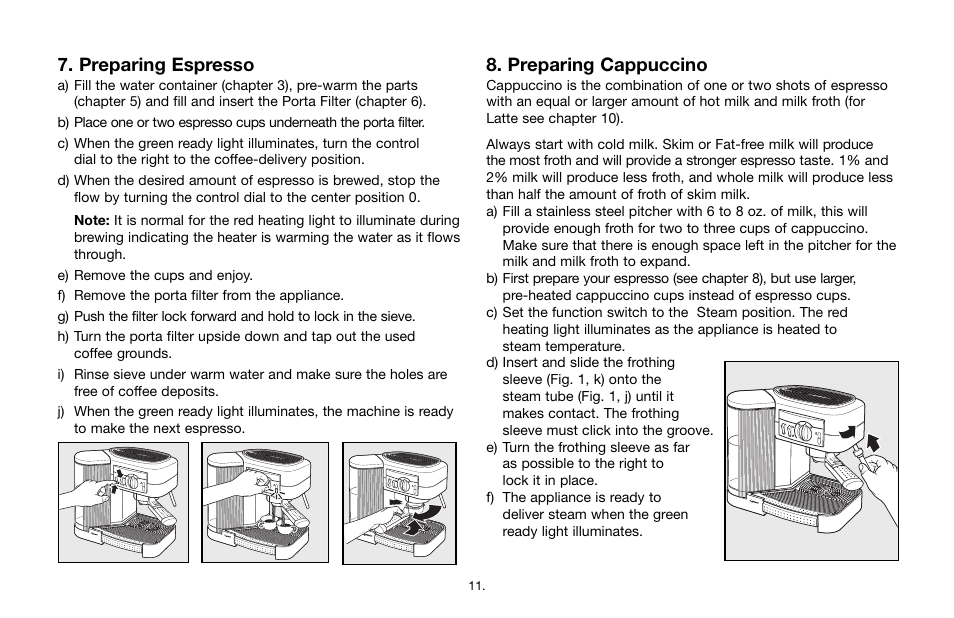 Preparing espresso, Preparing cappuccino | Capresso Cafe 115 User Manual | Page 10 / 17