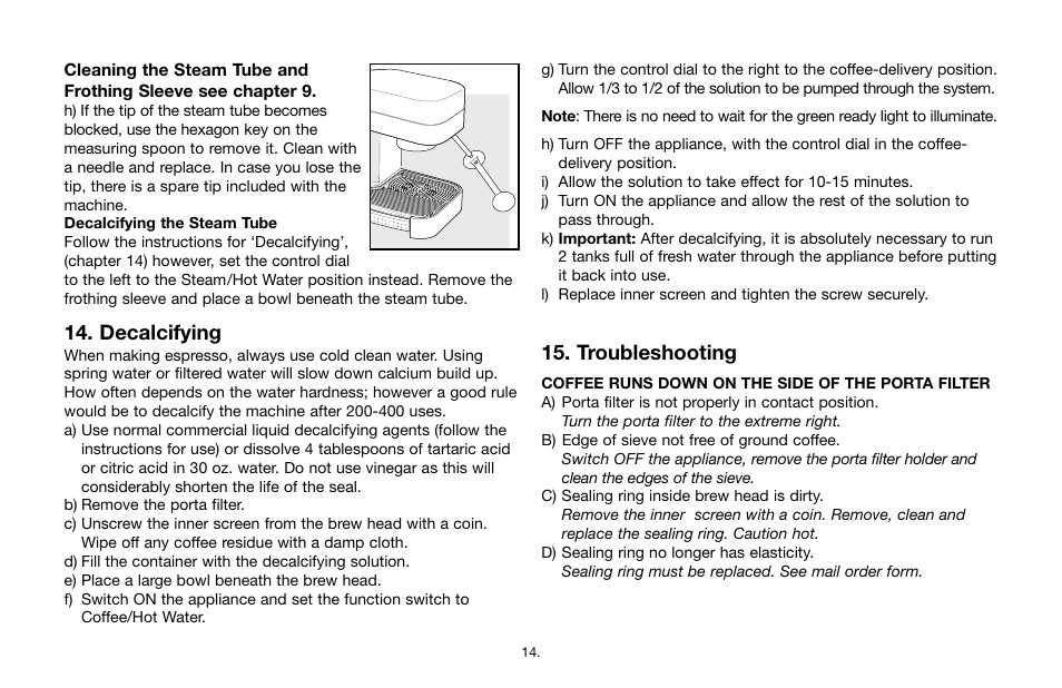 Decalcifying, Troubleshooting | Capresso Cafe 115 User Manual | Page 13 / 17