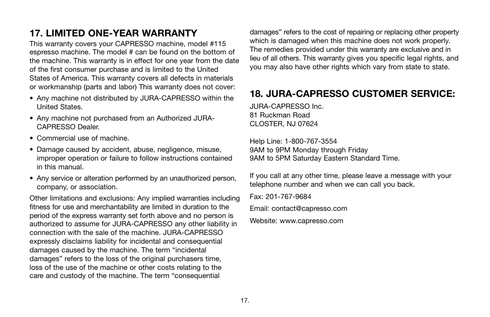 Limited one-year warranty, Jura-capresso customer service | Capresso Cafe 115 User Manual | Page 16 / 17