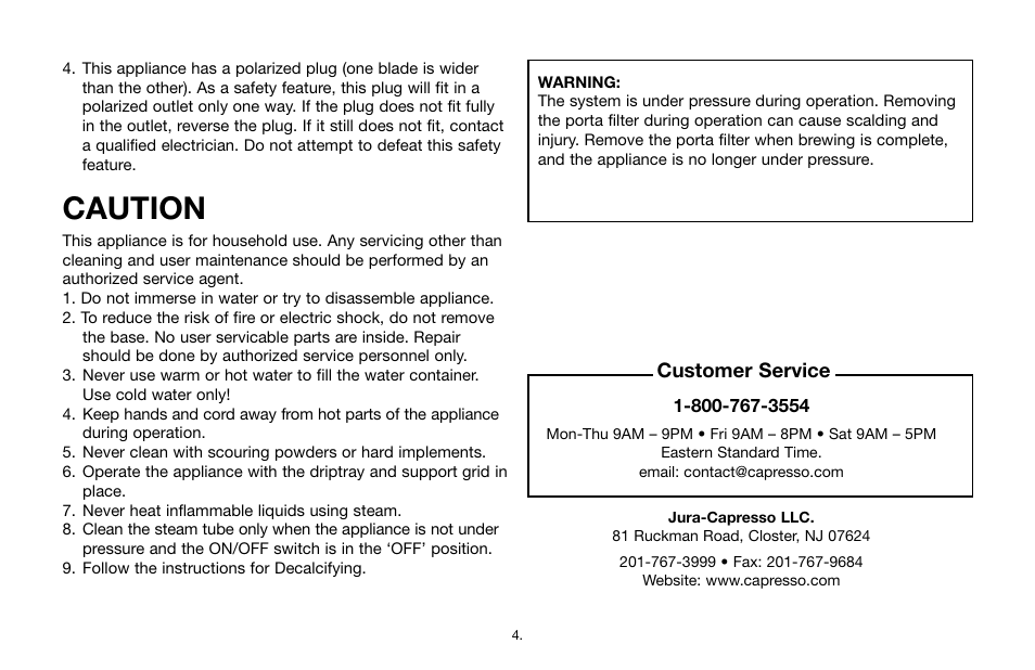 Caution, Customer service | Capresso Cafe 115 User Manual | Page 3 / 17