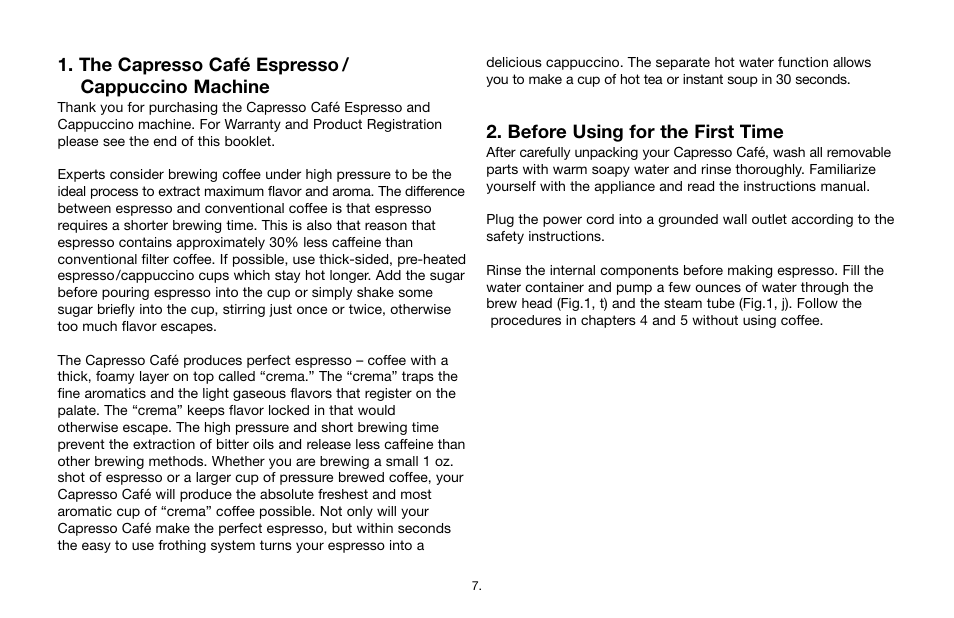 The capresso café espresso / cappuccino machine, Before using for the first time | Capresso Cafe 115 User Manual | Page 6 / 17