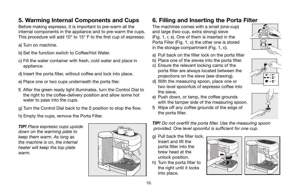 Warming internal components and cups, Filling and inserting the porta filter | Capresso Cafe 115 User Manual | Page 9 / 17