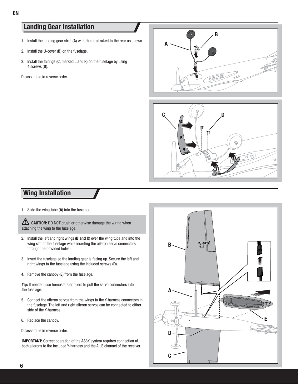 Landing gear installation, Wing installation | ParkZone PKZ6980 User Manual | Page 6 / 18