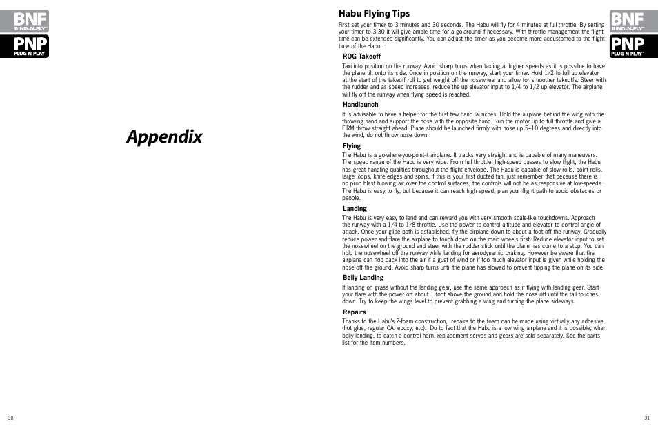 Appendix, Habu flying tips | ParkZone PKZ7080 User Manual | Page 16 / 20