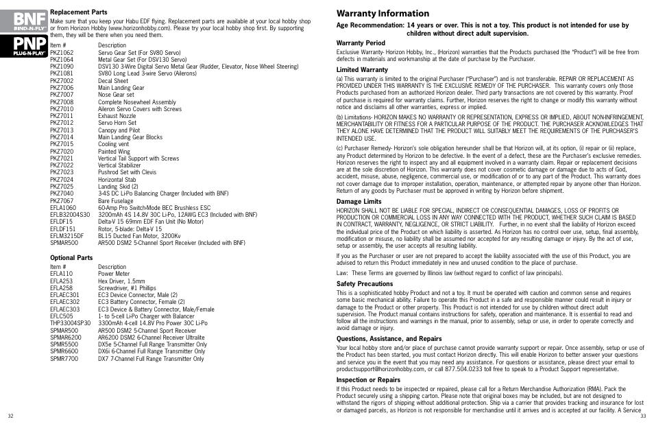 Warranty information | ParkZone PKZ7080 User Manual | Page 17 / 20