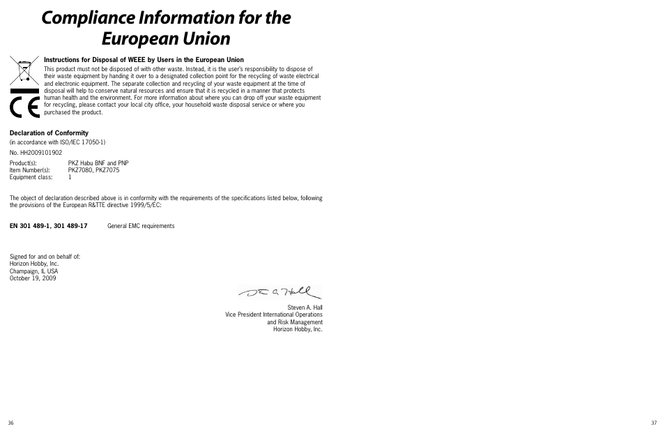 Compliance information for the european union | ParkZone PKZ7080 User Manual | Page 19 / 20