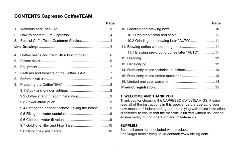 Contents capresso coffeeteam | Capresso CoffeeTEAM GS 464 User Manual | Page 3 / 15