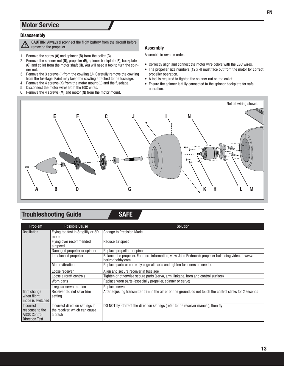 Motor service, Troubleshooting guide safe | ParkZone PKZ8050 User Manual | Page 13 / 19