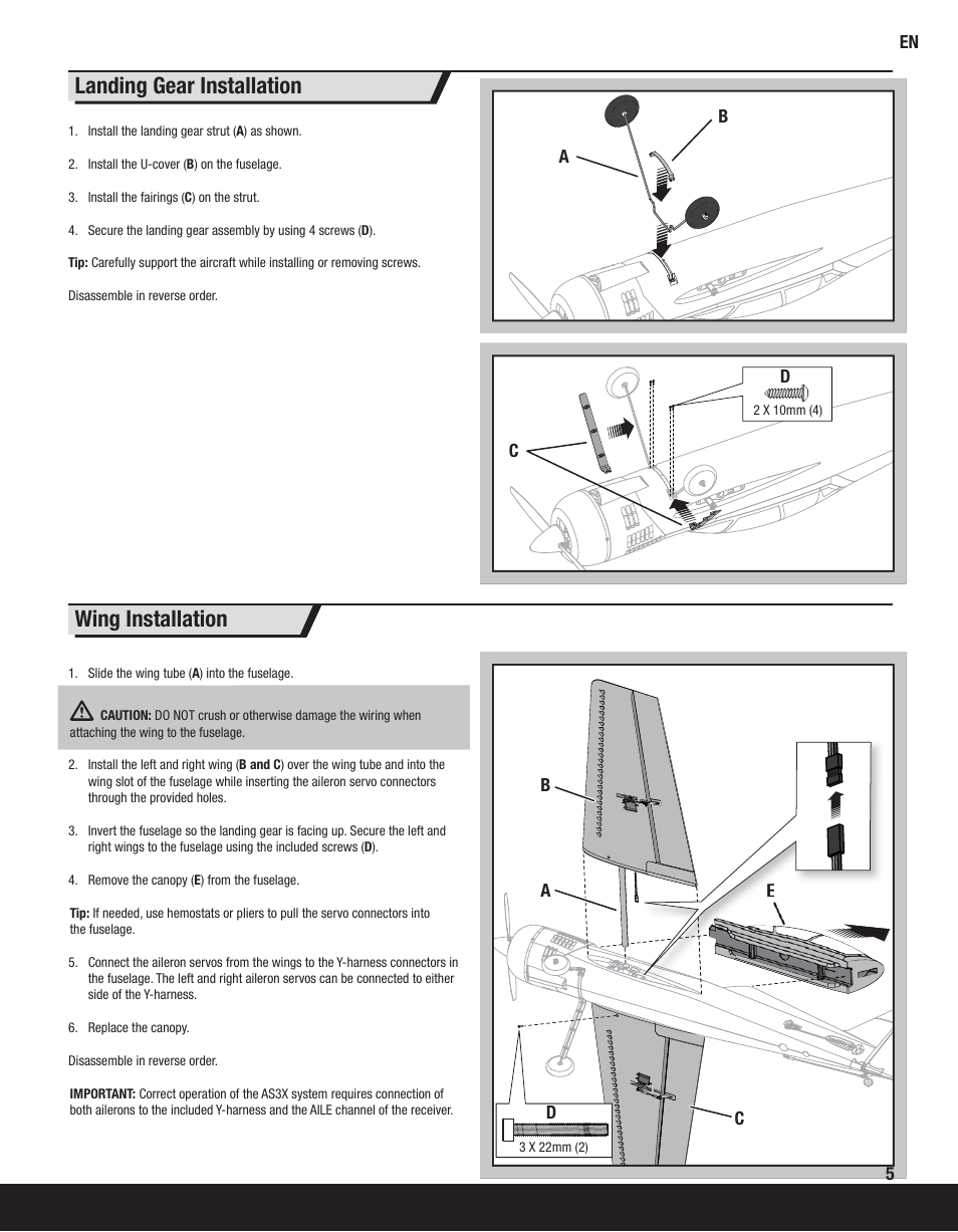Landing gear installation, Wing installation | ParkZone PKZ8050 User Manual | Page 5 / 19