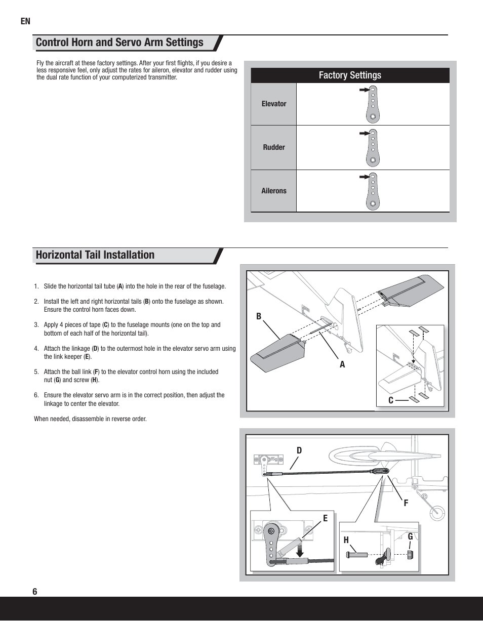 Horizontal tail installation, Control horn and servo arm settings | ParkZone PKZ8050 User Manual | Page 6 / 19