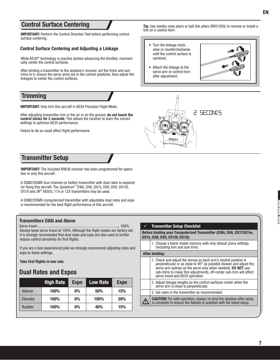 Transmitter setup, Control surface centering, Trimming | Dual rates and expos, High rate expo low rate expo | ParkZone PKZ8050 User Manual | Page 7 / 19