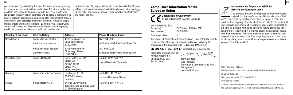 Compliance information for the european union | ParkZone PKZU1080 User Manual | Page 12 / 12