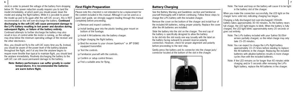 First flight preparation, Battery charging | ParkZone PKZU1080 User Manual | Page 4 / 12