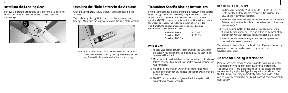 Installing the landing gear, Installing the flight battery in the airplane, Transmitter specific binding instructions | Additional binding information | ParkZone PKZU1080 User Manual | Page 5 / 12