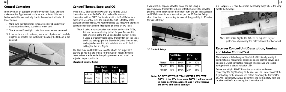 Control centering, Control throws, expo, and cg | ParkZone PKZU1080 User Manual | Page 7 / 12