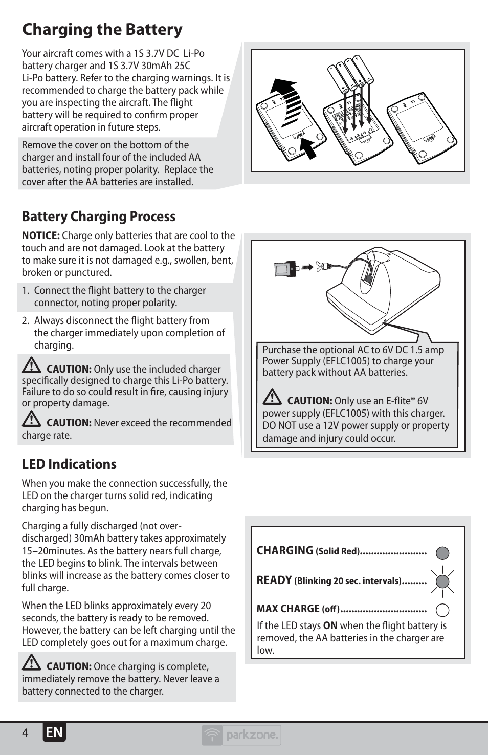Charging the battery, Battery charging process, Led indications | ParkZone PKZU1280 User Manual | Page 4 / 22
