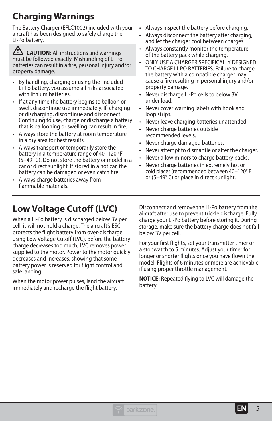 Low voltage cutoﬀ (lvc), Charging warnings | ParkZone PKZU1280 User Manual | Page 5 / 22
