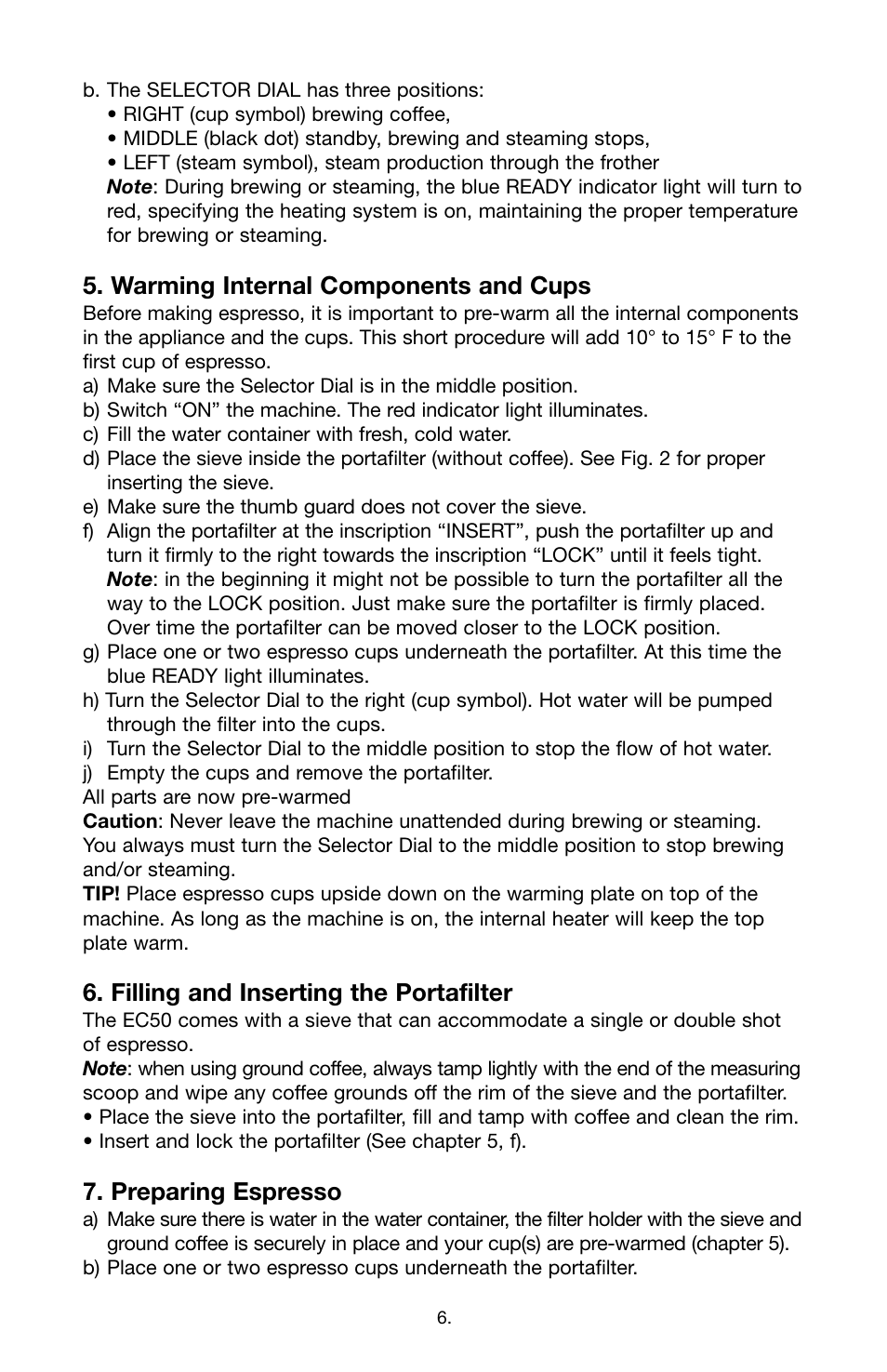 Warming internal components and cups, Filling and inserting the portafilter, Preparing espresso | Capresso Stainless Steel Pump Espresso & Cappuccino Machine EC5O User Manual | Page 6 / 12