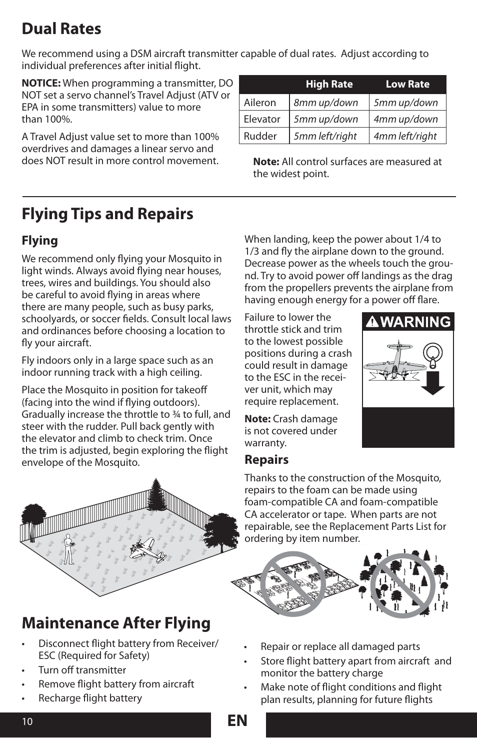 Flying tips and repairs, Maintenance after flying, Dual rates | Flying, Repairs | ParkZone PKZU1380 User Manual | Page 10 / 17