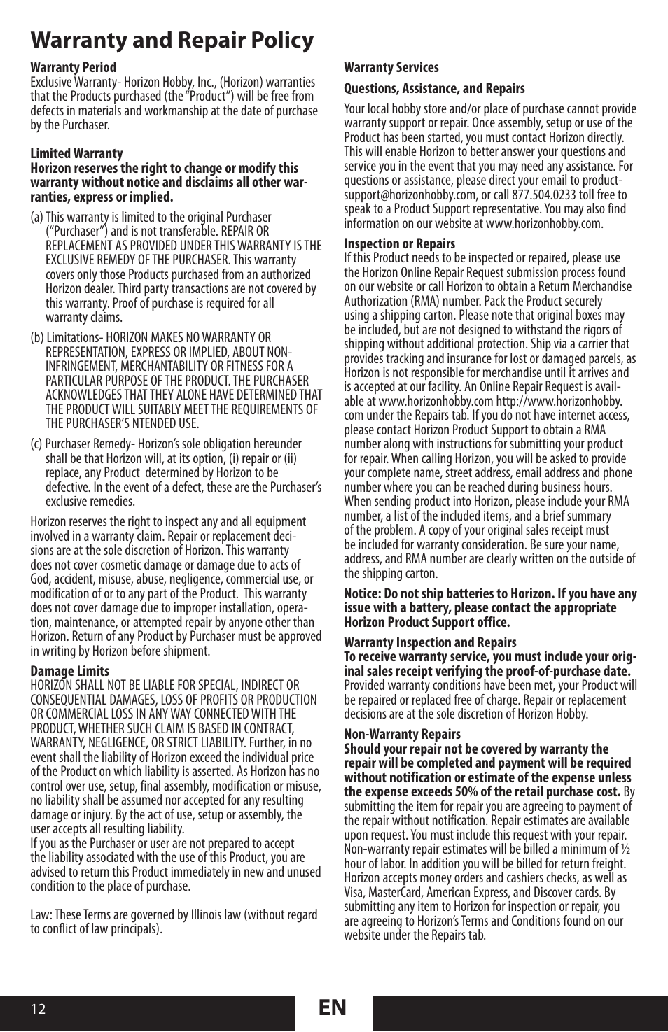 En warranty and repair policy | ParkZone PKZU1380 User Manual | Page 12 / 17