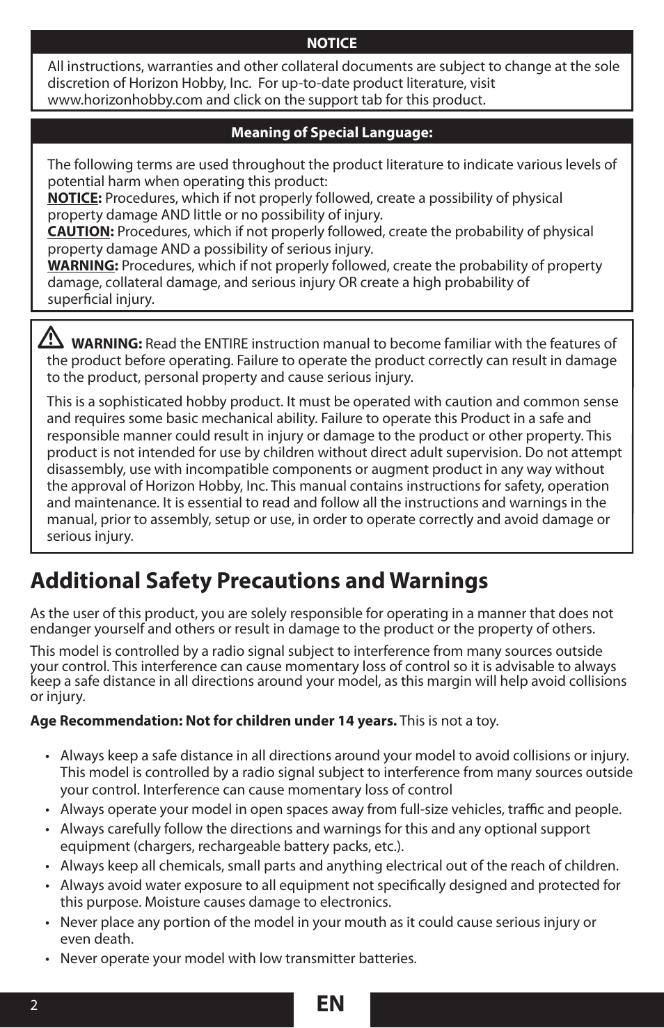 En additional safety precautions and warnings | ParkZone PKZU1380 User Manual | Page 2 / 17