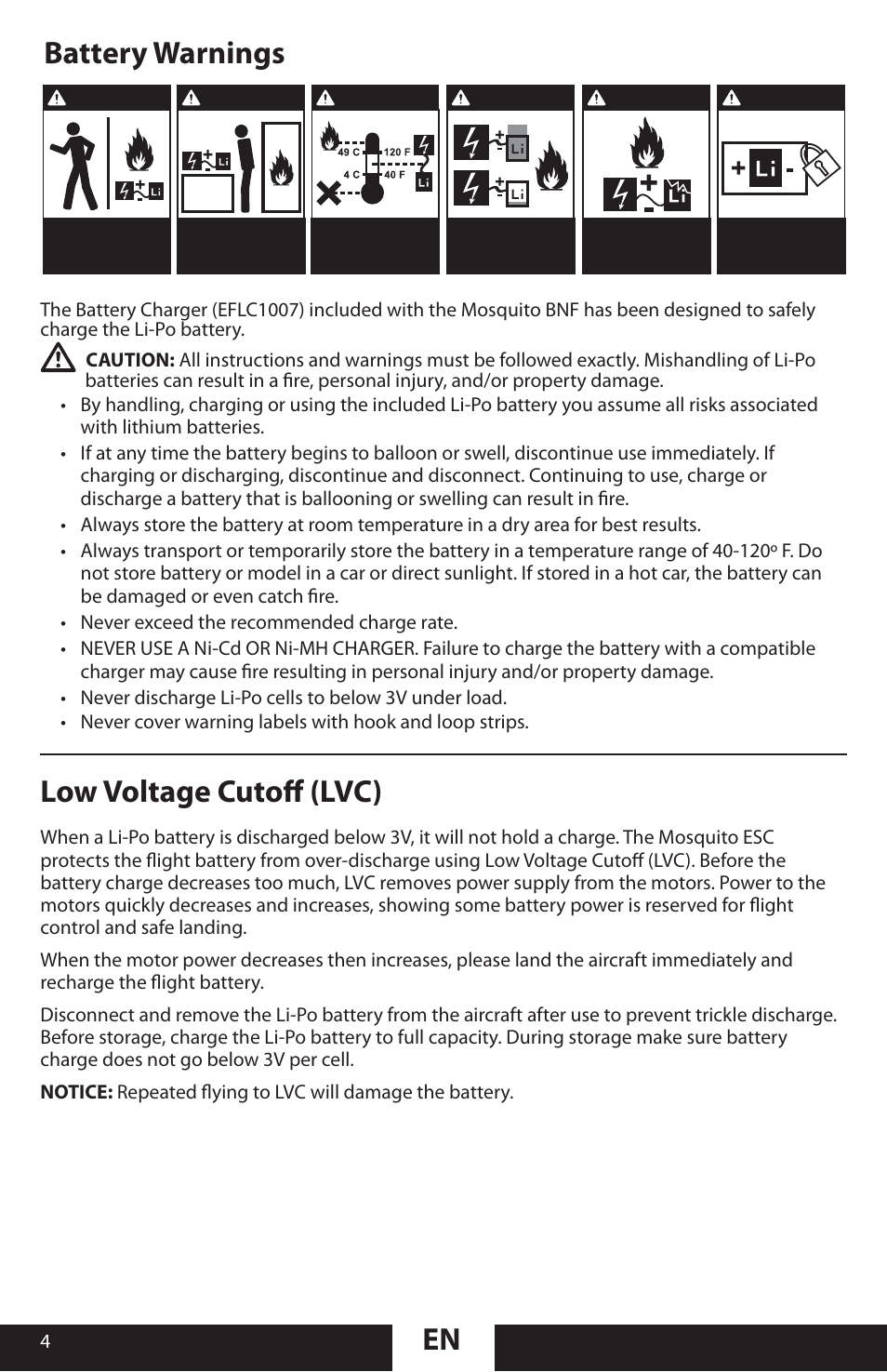 Battery warnings low voltage cutoff (lvc) | ParkZone PKZU1380 User Manual | Page 4 / 17