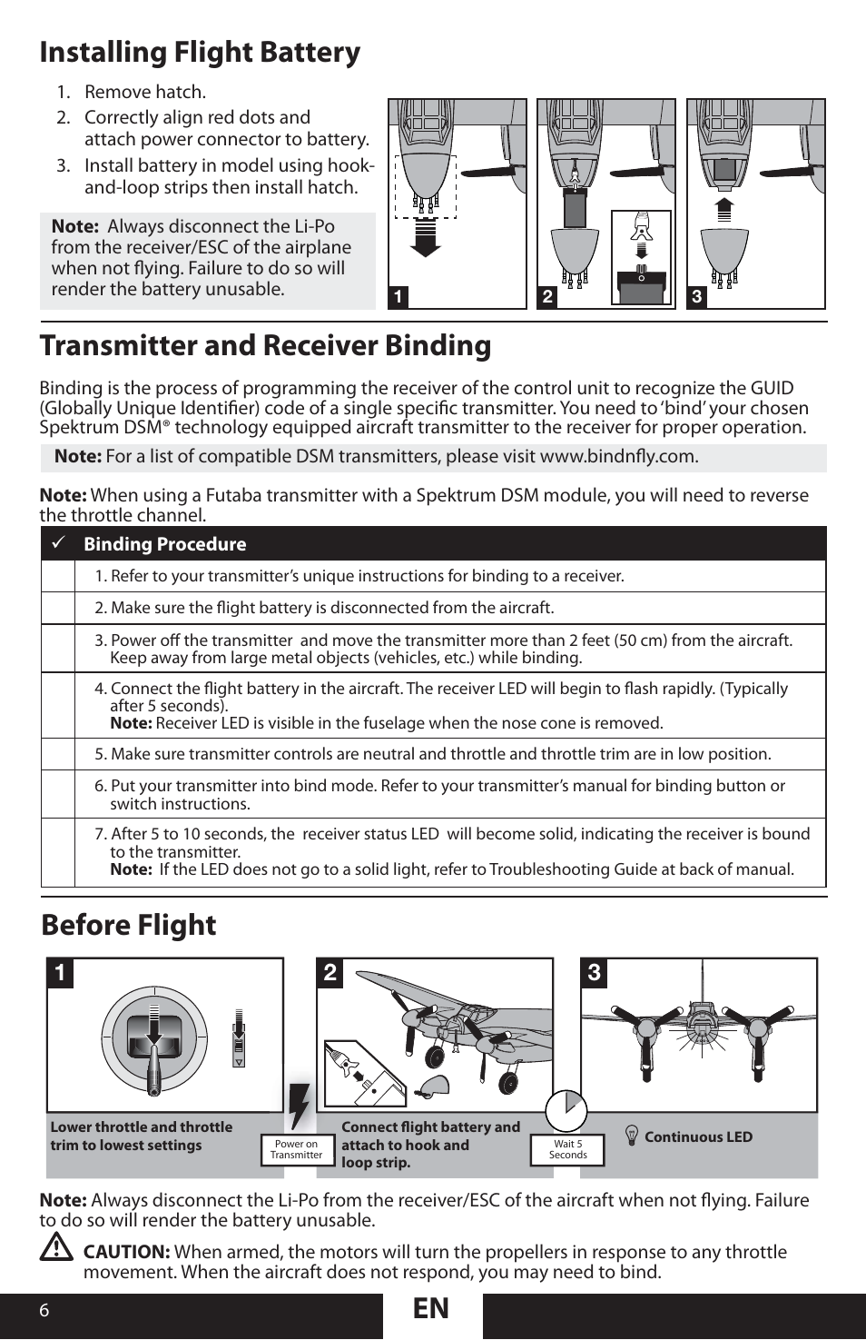 En transmitter and receiver binding, Before flight, Installing flight battery | ParkZone PKZU1380 User Manual | Page 6 / 17