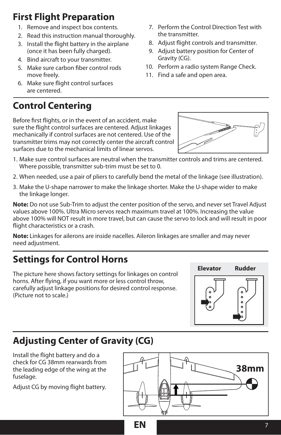 En control centering, Settings for control horns, First flight preparation | Adjusting center of gravity (cg), 38mm | ParkZone PKZU1380 User Manual | Page 7 / 17