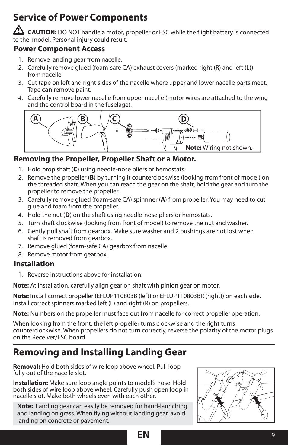 En service of power components, Removing and installing landing gear | ParkZone PKZU1380 User Manual | Page 9 / 17