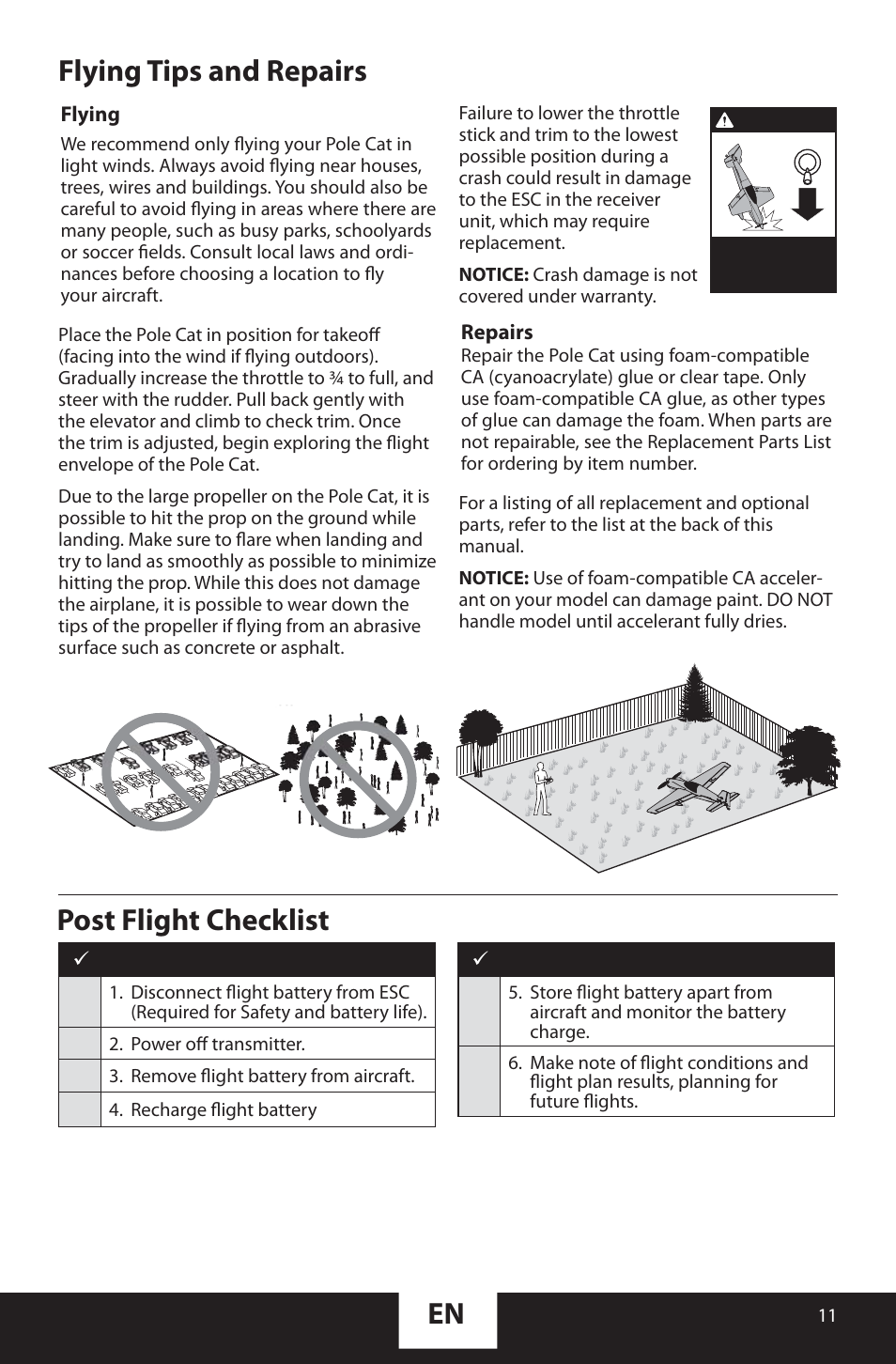 Flying tips and repairs, En post flight checklist | ParkZone PKZU1480 User Manual | Page 11 / 18