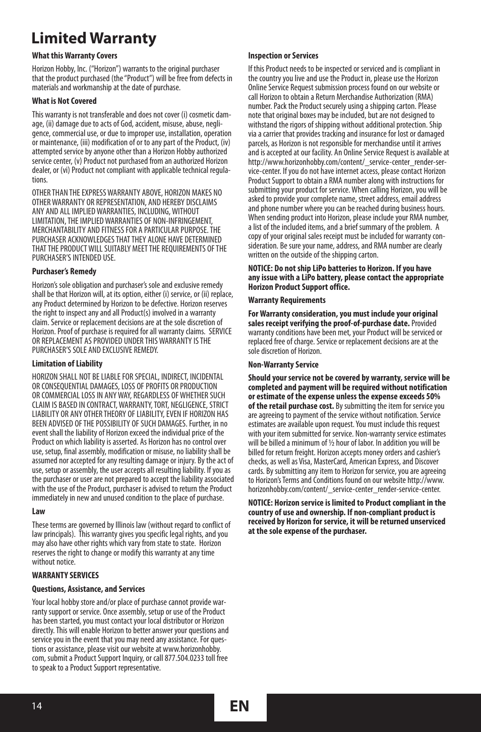 Limited warranty | ParkZone PKZU1480 User Manual | Page 14 / 18