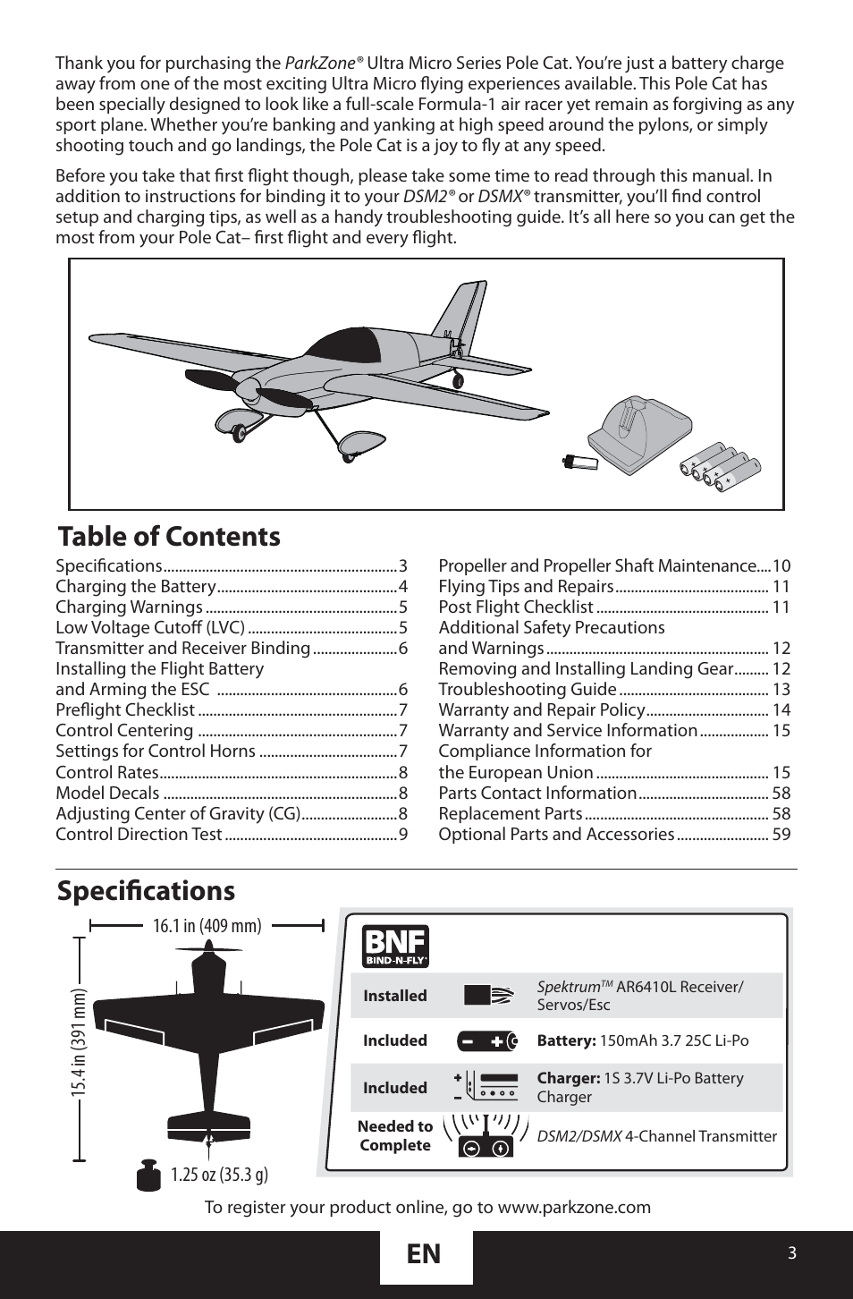 Table of contents en, Specifi cations | ParkZone PKZU1480 User Manual | Page 3 / 18
