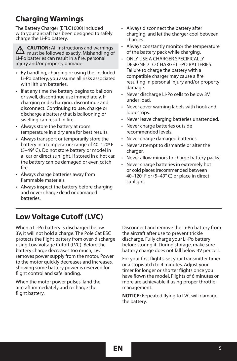 Low voltage cutoff (lvc), Charging warnings | ParkZone PKZU1480 User Manual | Page 5 / 18
