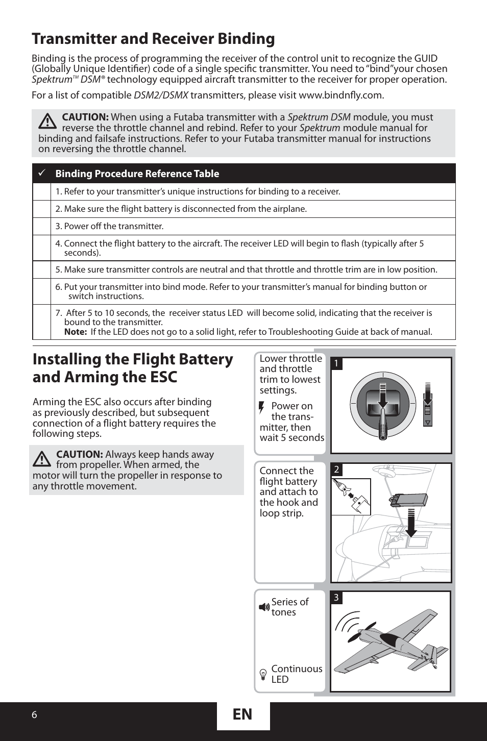 Transmitter and receiver binding en, Installing the flight battery and arming the esc | ParkZone PKZU1480 User Manual | Page 6 / 18