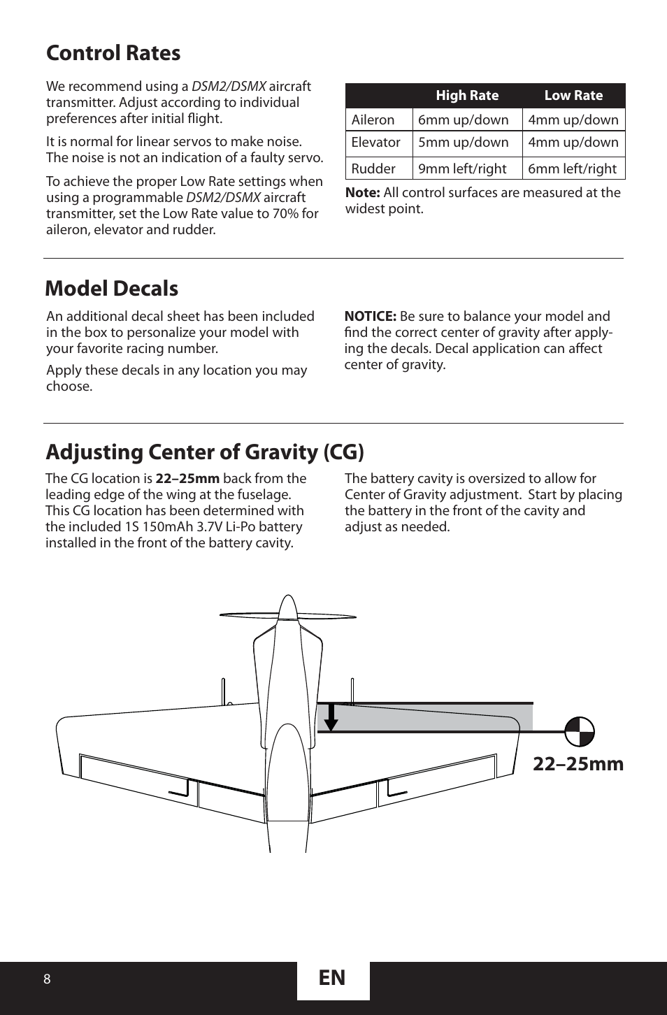 Adjusting center of gravity (cg), Control rates, Model decals | 22–25mm | ParkZone PKZU1480 User Manual | Page 8 / 18