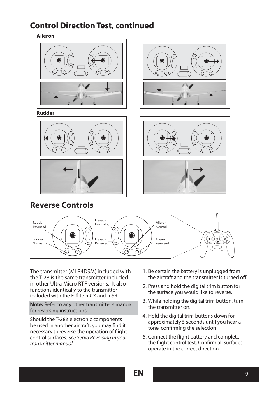 Control direction test, continued, Reverse controls | ParkZone PKZU1580 User Manual | Page 9 / 20