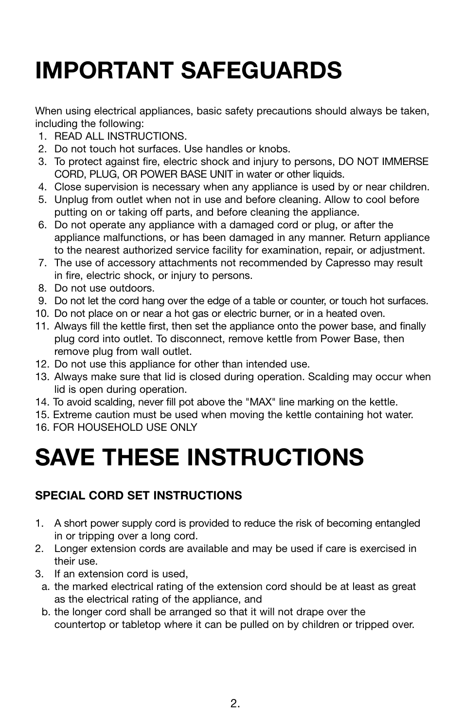 Important safeguards, Save these instructions | Capresso 259 User Manual | Page 2 / 6