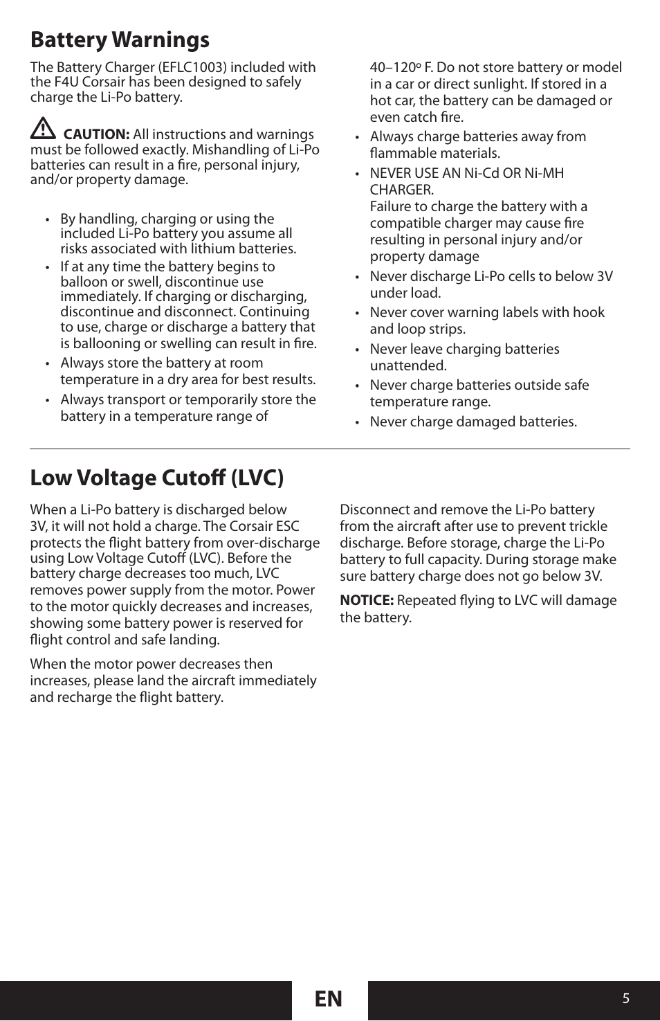 Low voltage cutoff (lvc), Battery warnings | ParkZone PKZU1680 User Manual | Page 5 / 25